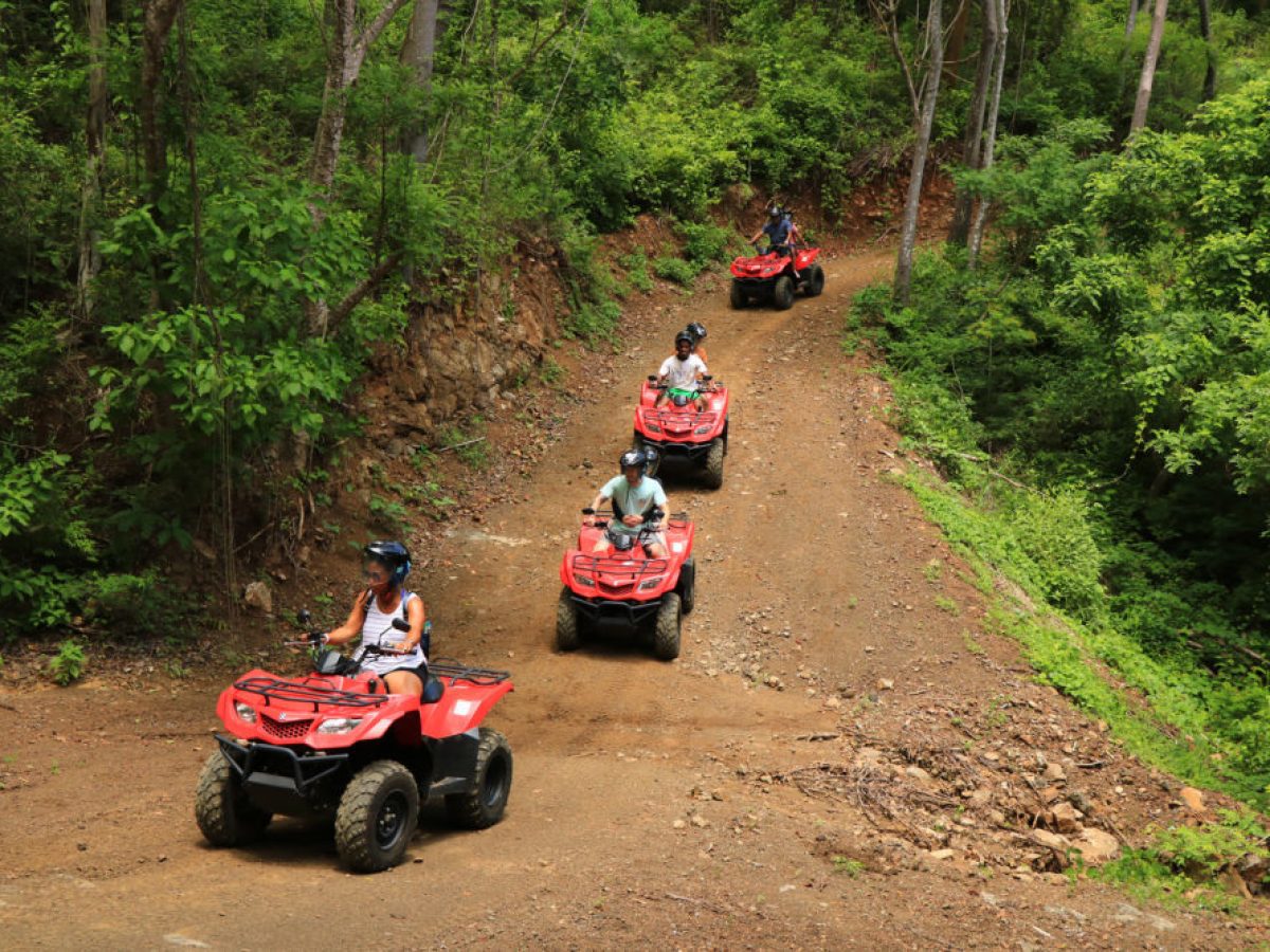 A group riding ATVs through the jungle