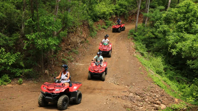 A group riding ATVs through the jungle