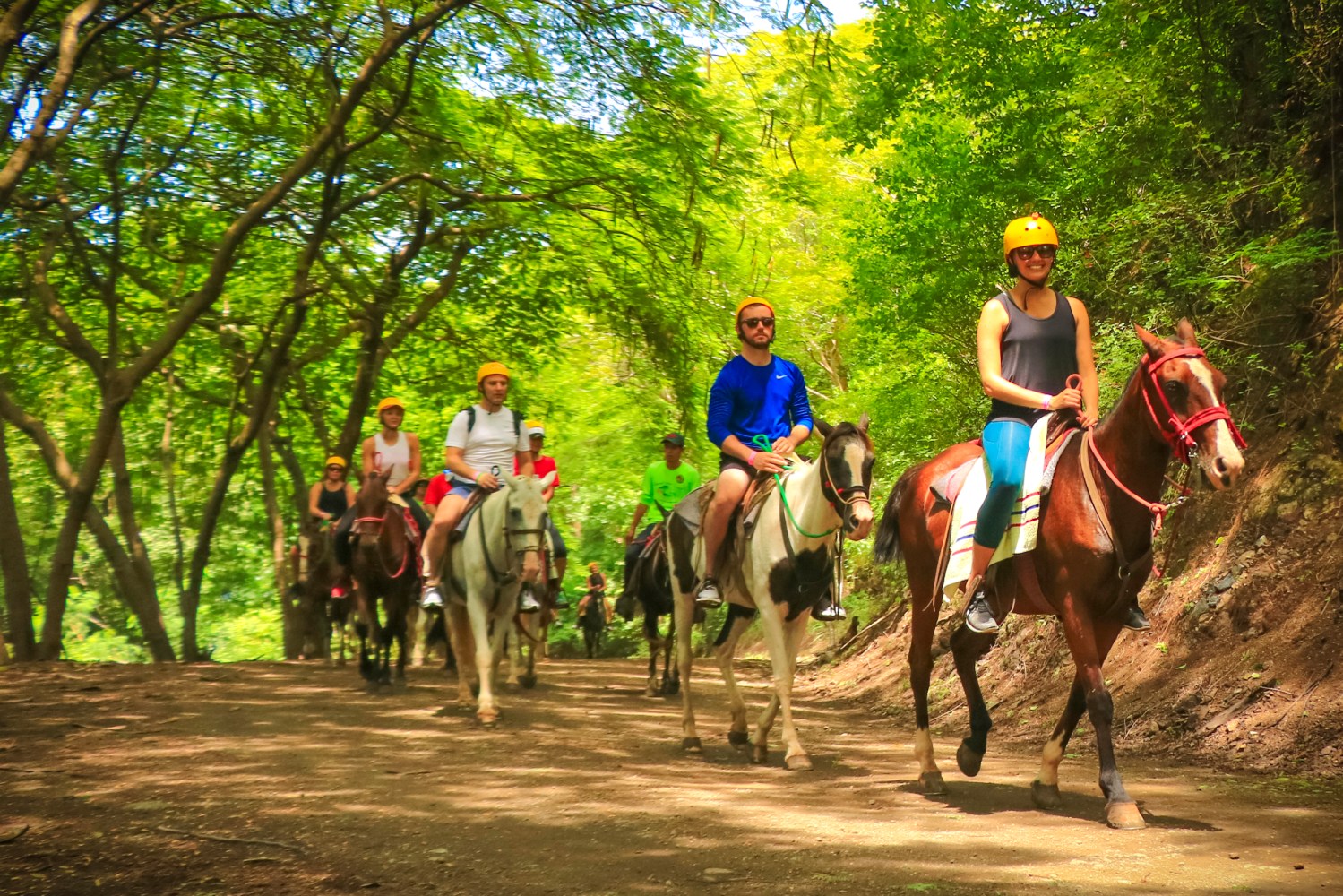 A group of people horseback riding through the forest