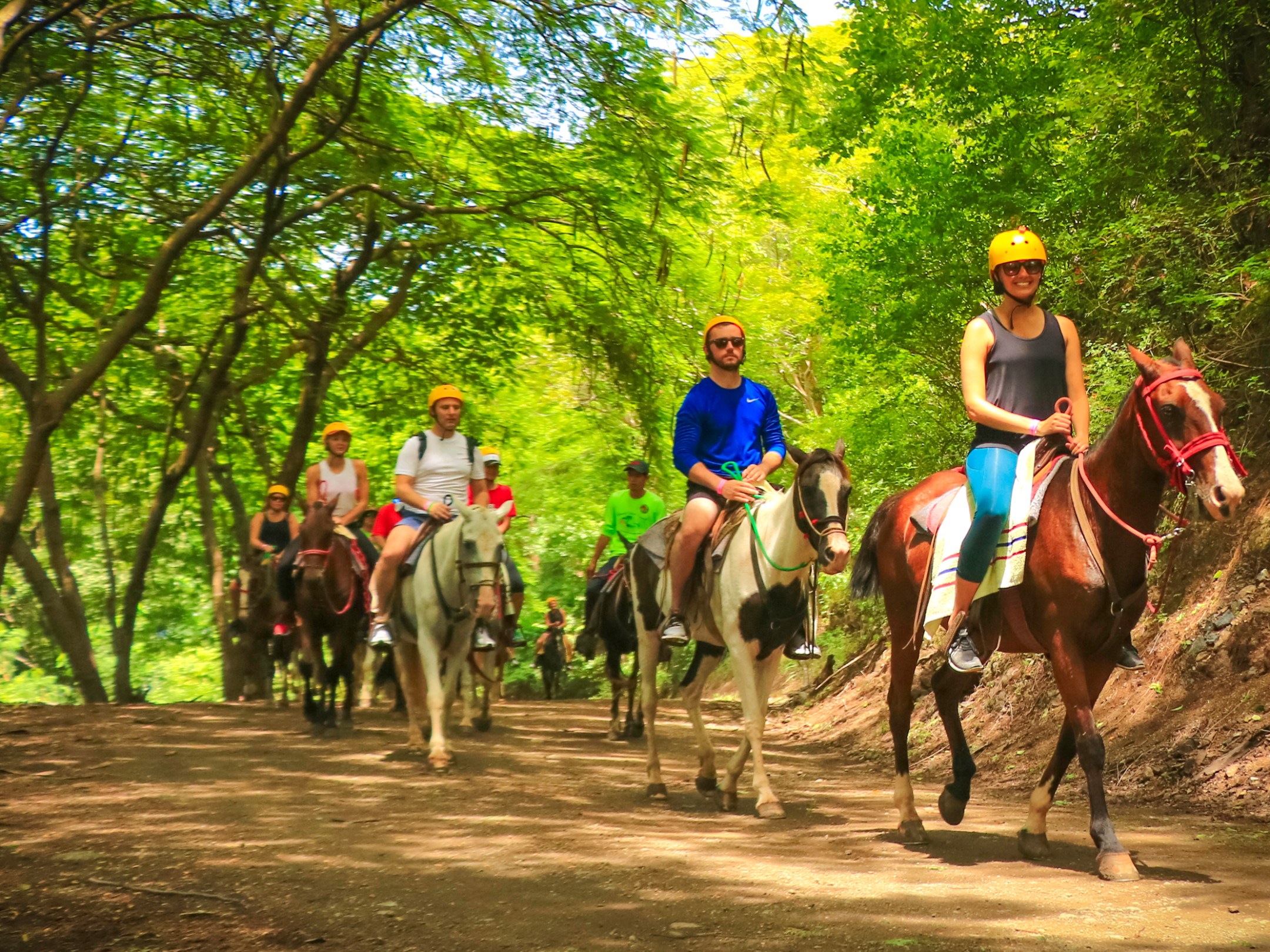 A group of people horseback riding through the forest