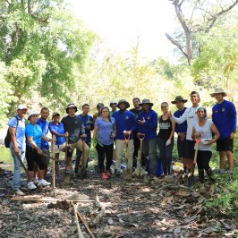 a group of people standing next to a tree