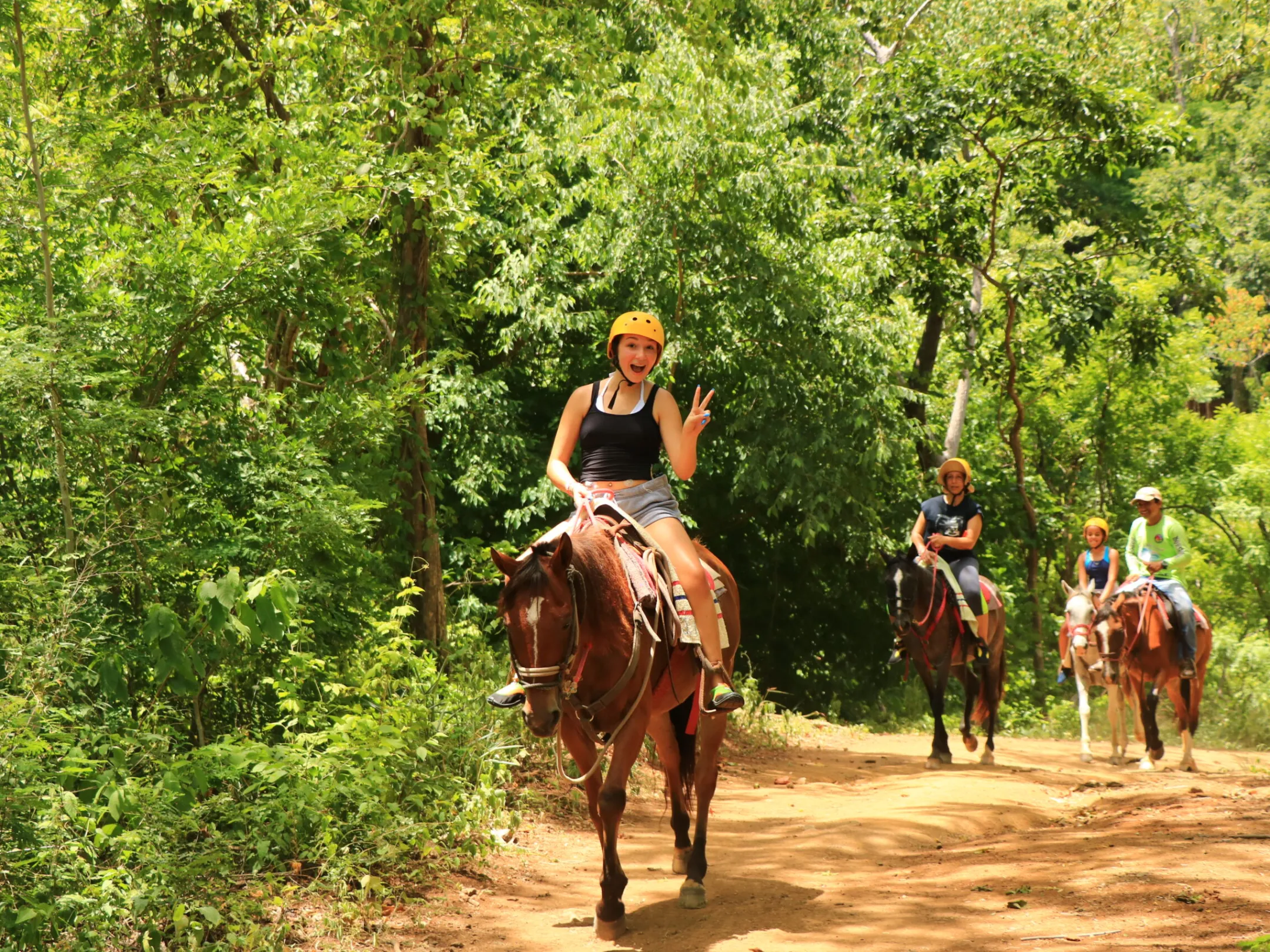 a group of people riding on the back of a horse