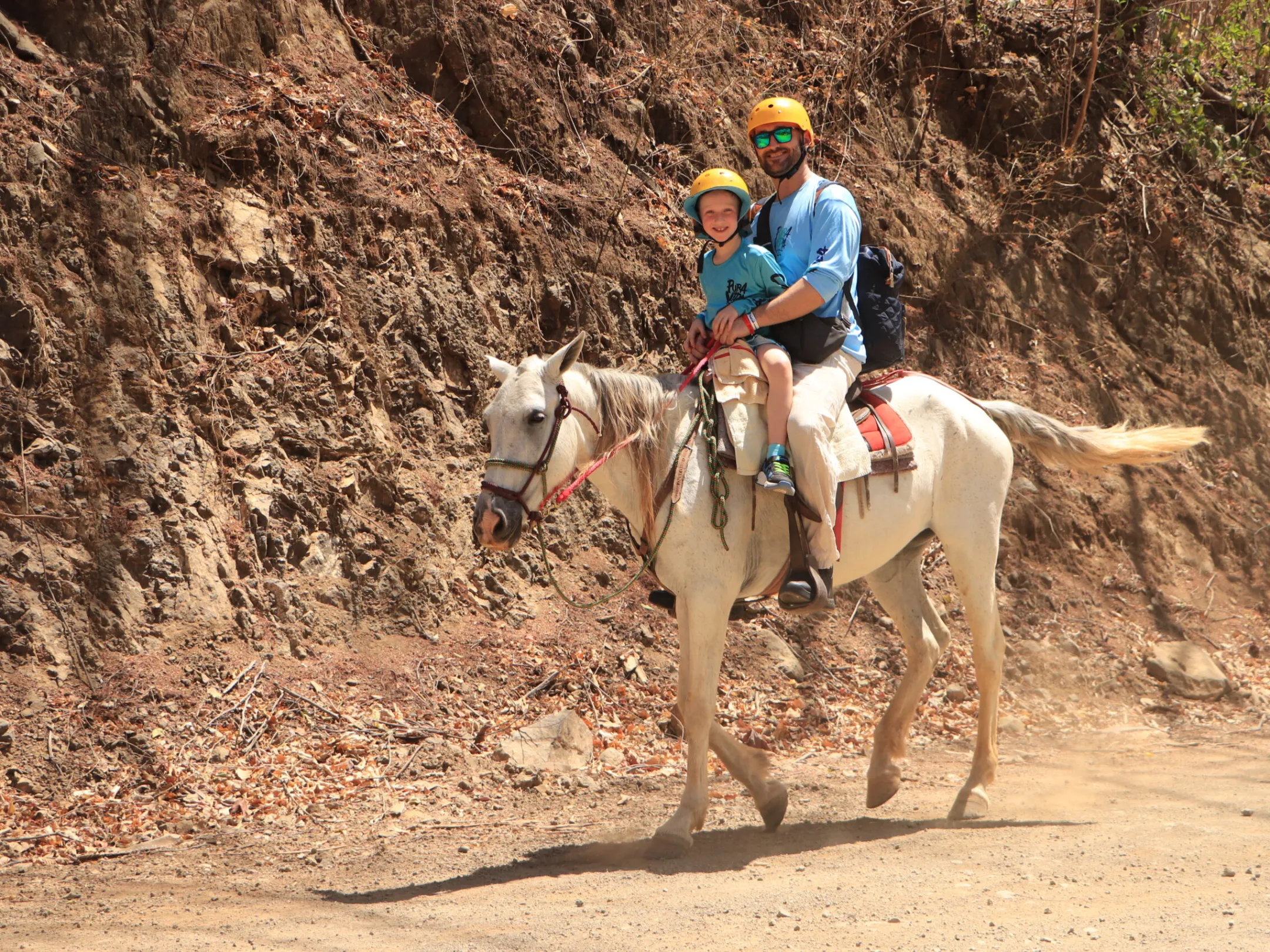 a man riding a horse on a dirt path