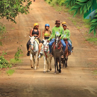 a group of people riding a horse on the side of a dirt road