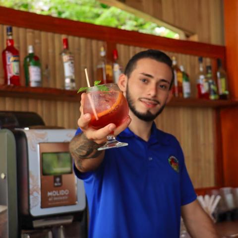 a man in a blue shirt