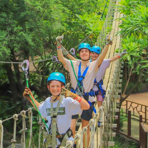 Three people in blue helmets crossing a rope bridge in a lush, green forest.