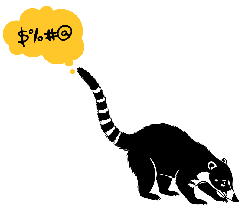 Silhouette of a raccoon with a speech bubble showing symbols: %$#@.
