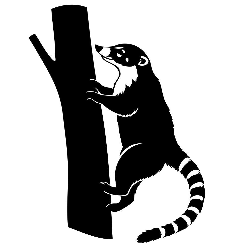 Silhouette of a lemur climbing a tree trunk with a striped tail.