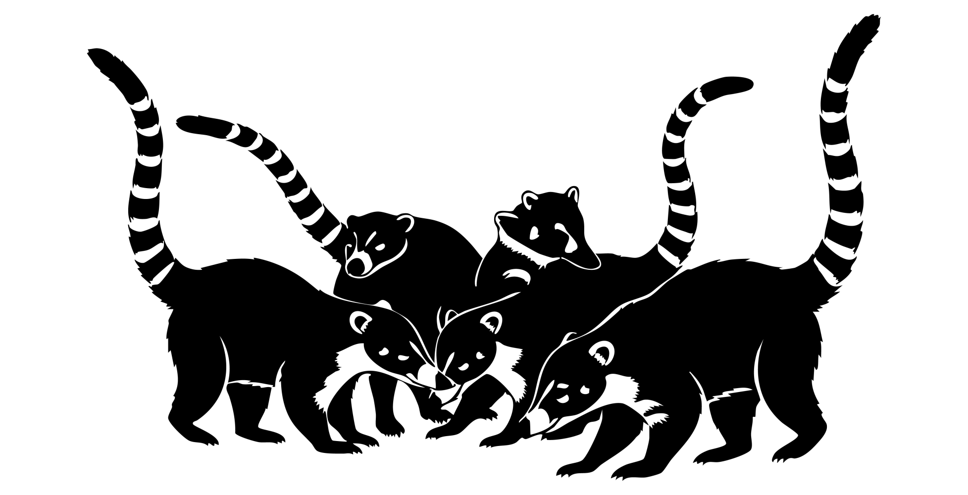 Silhouette of five raccoons with striped tails, grouped together.