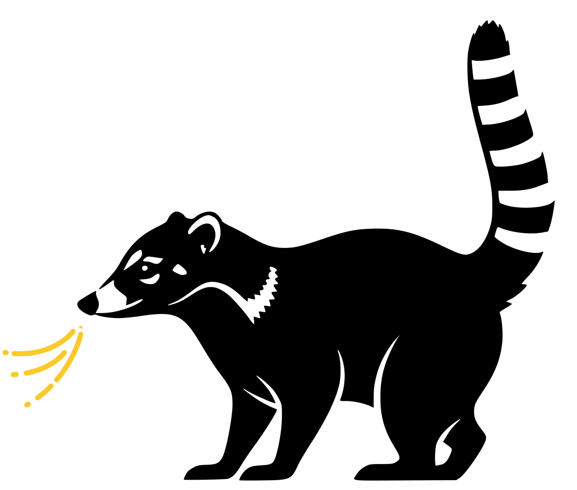 Silhouette of a coati with striped tail and orange lines by its snout.