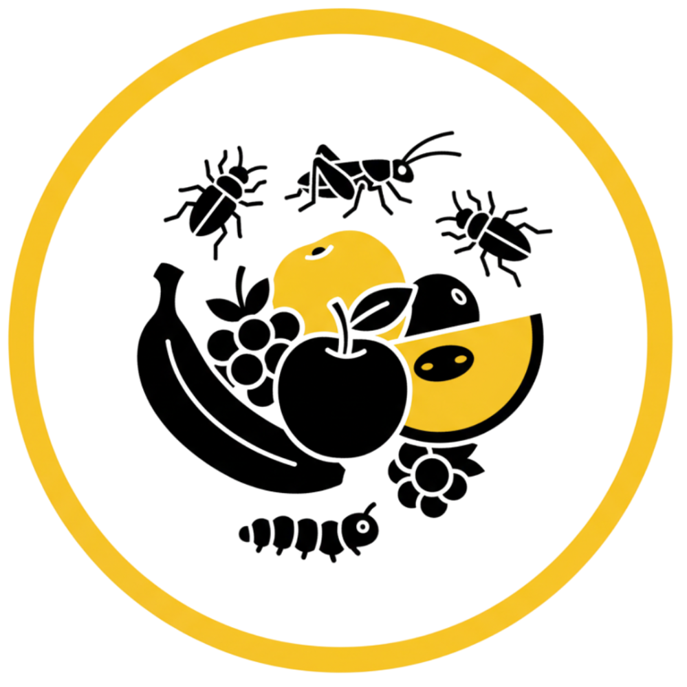 Circle with fruits and insects: banana, apple, mango, ant, and beetle outlines.