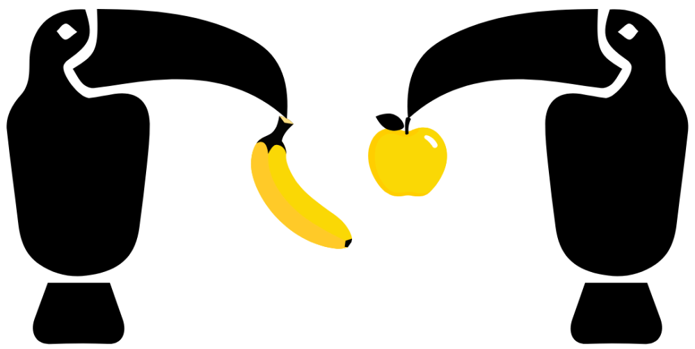Two stylized black birds holding a banana and an apple with their beaks.