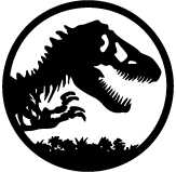 Silhouette of a dinosaur head in a circle.