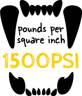 Text 'pounds per square inch 1500 PSI' with stylized animal teeth.