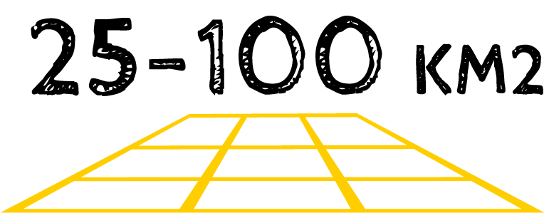 Text '25-100 km2' above a yellow grid pattern.