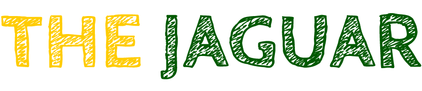 Text 'THE JAGUAR'; 'THE' in yellow, 'JAGUAR' in green, sketched style