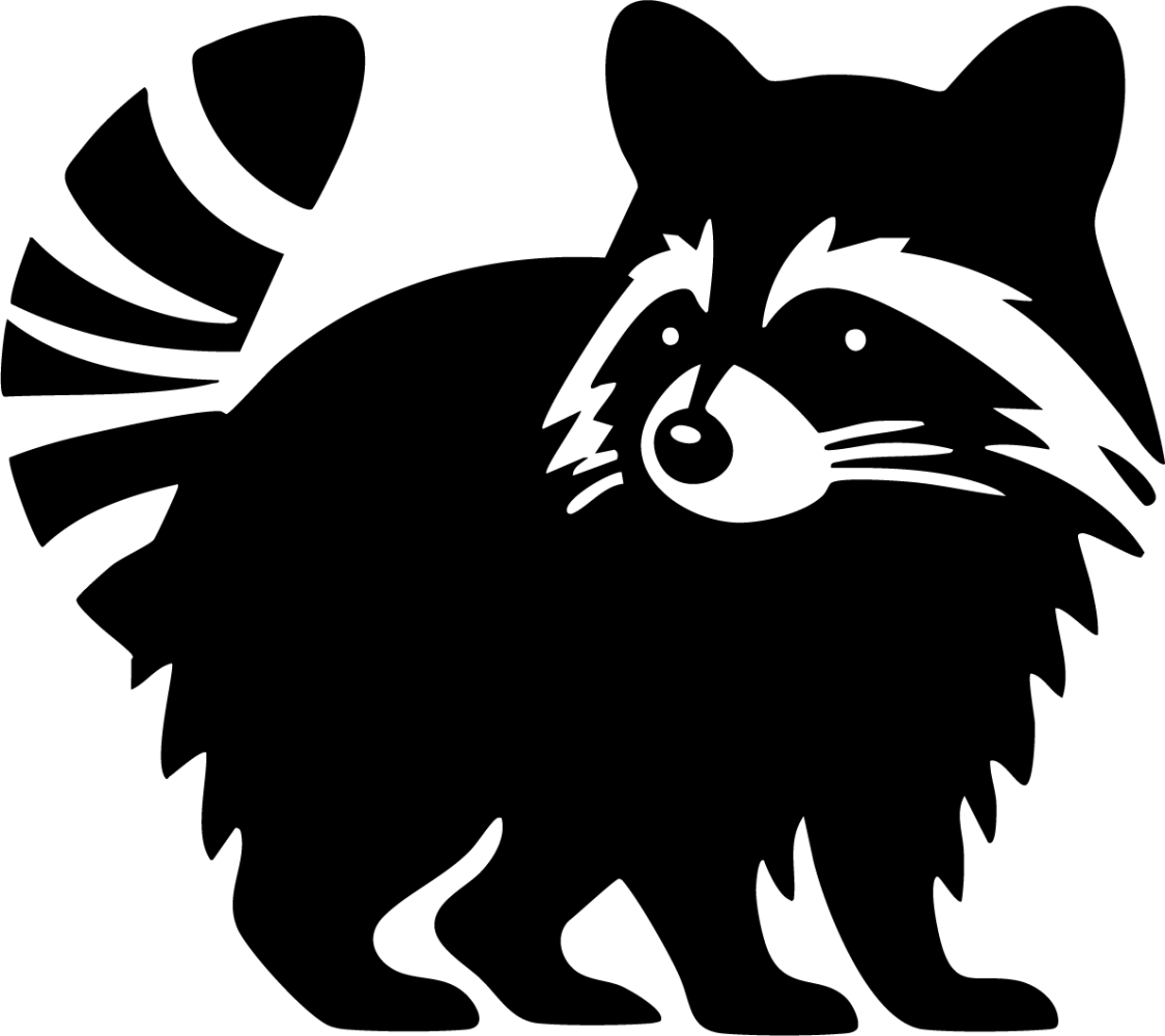 Silhouette of a raccoon facing left with a bushy tail.