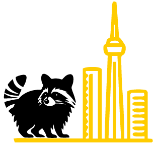 Silhouette of a raccoon beside tall yellow city buildings.