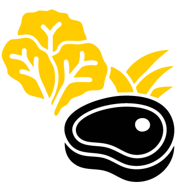 Yellow and black icon of meat and leafy greens