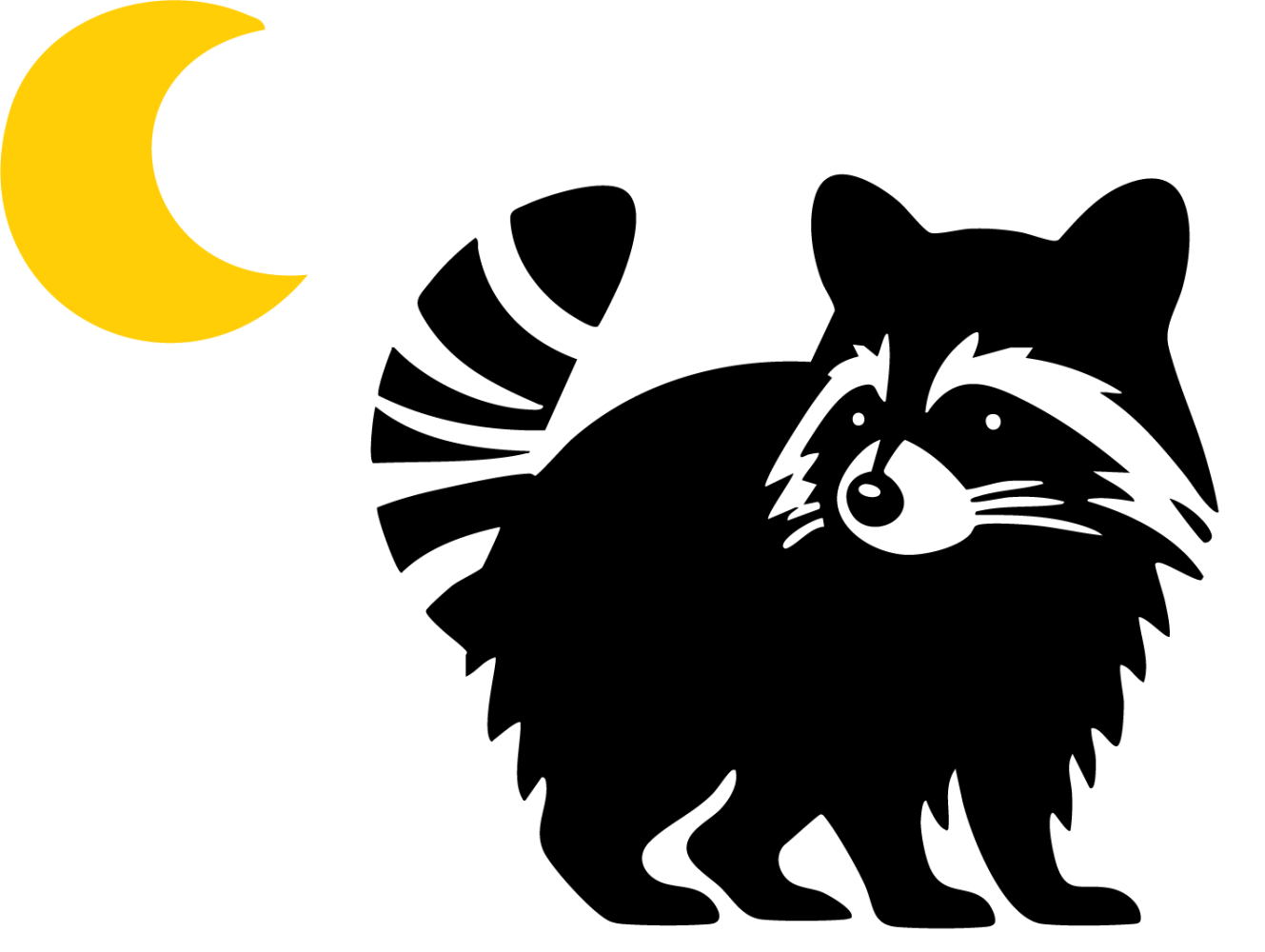 Silhouette of a raccoon with a yellow crescent moon on a green background.