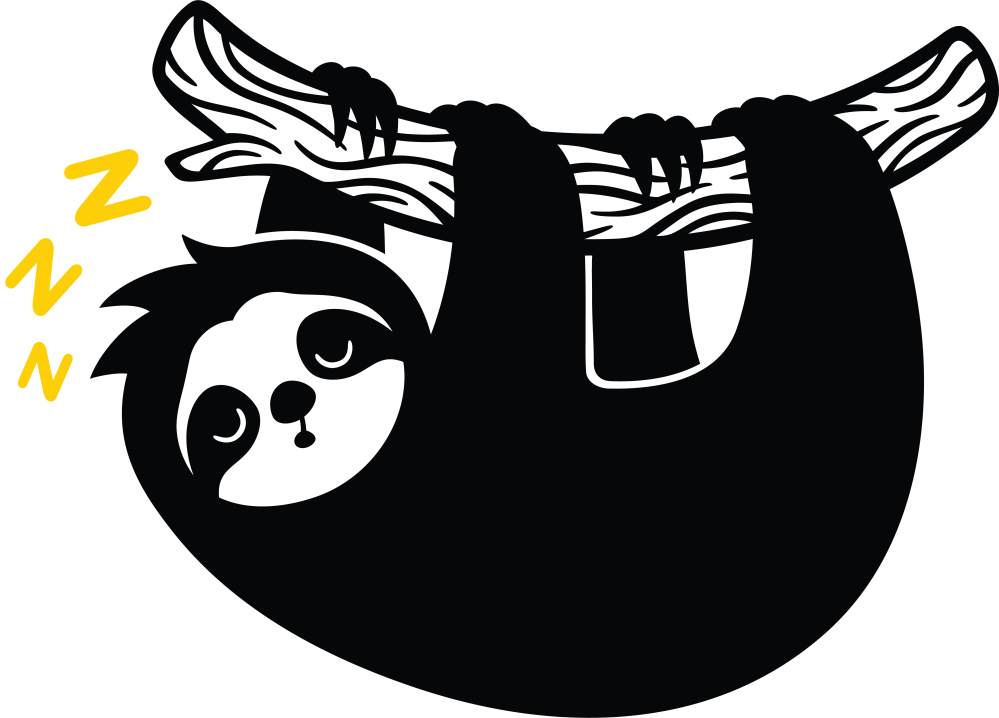 Silhouette of a sleeping sloth hanging on a branch with 'Z' symbols.