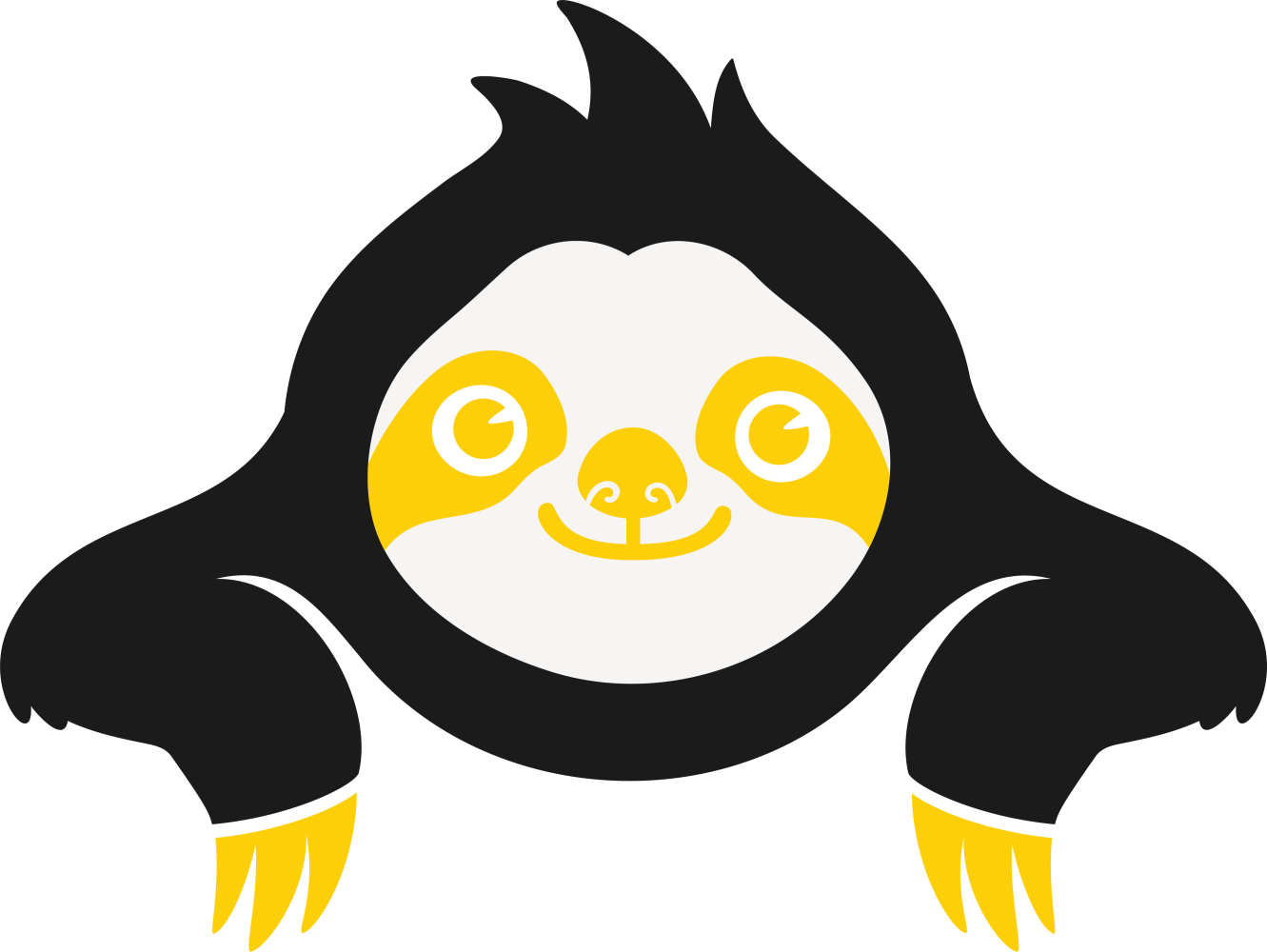 Cartoon sloth with black fur and yellow face and claws, smiling.