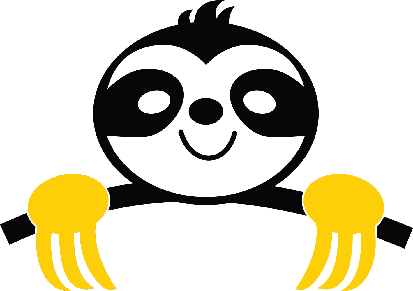 Cartoon sloth hanging with yellow claws on a branch, smiling.