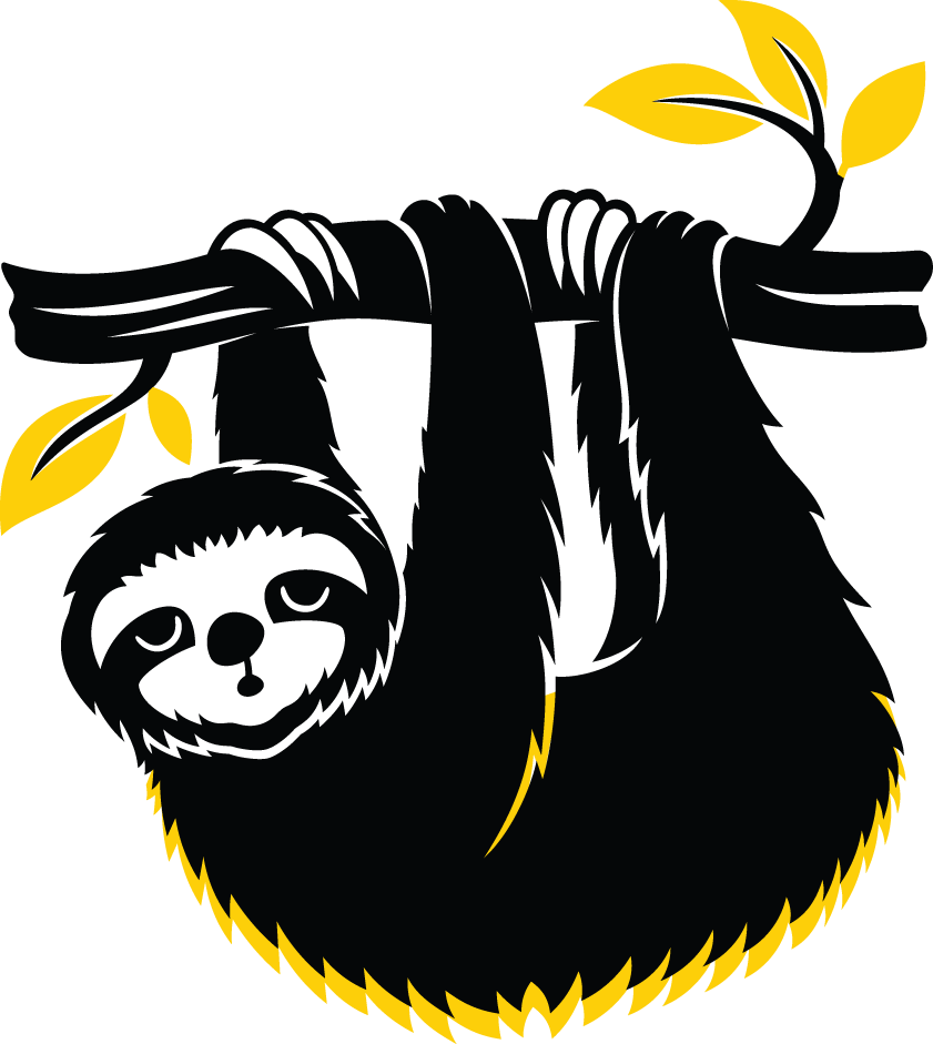 Stylized sloth hanging from a branch with yellow leaves.