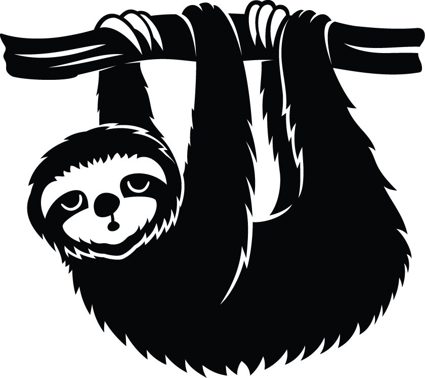 Silhouette of a sloth hanging from a branch.