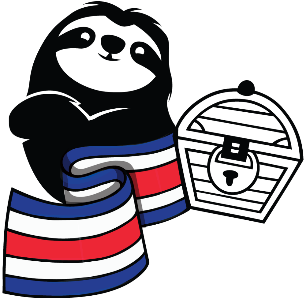 Cartoon sloth with a flag and a treasure chest.