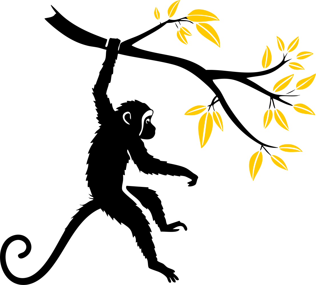 Silhouette of monkey hanging from branch with yellow leaves.
