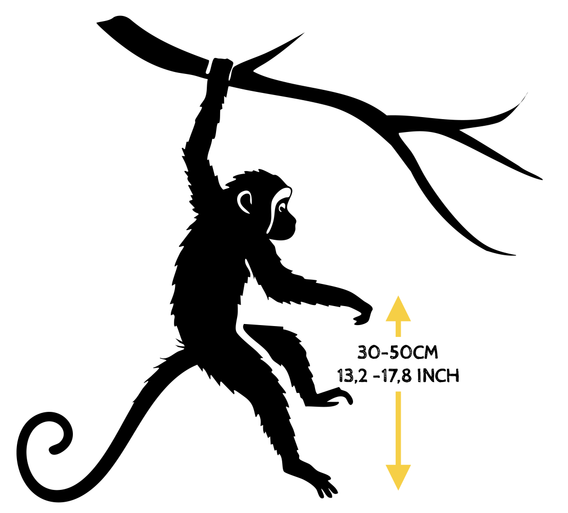 Silhouette of a monkey hanging from a branch with a height guide of 30-50 cm or 13.2-17.8 inches.