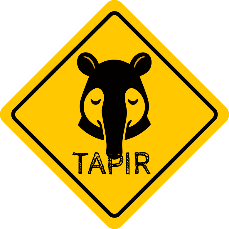 Yellow road sign with black tapir face and the word 'TAPIR'.
