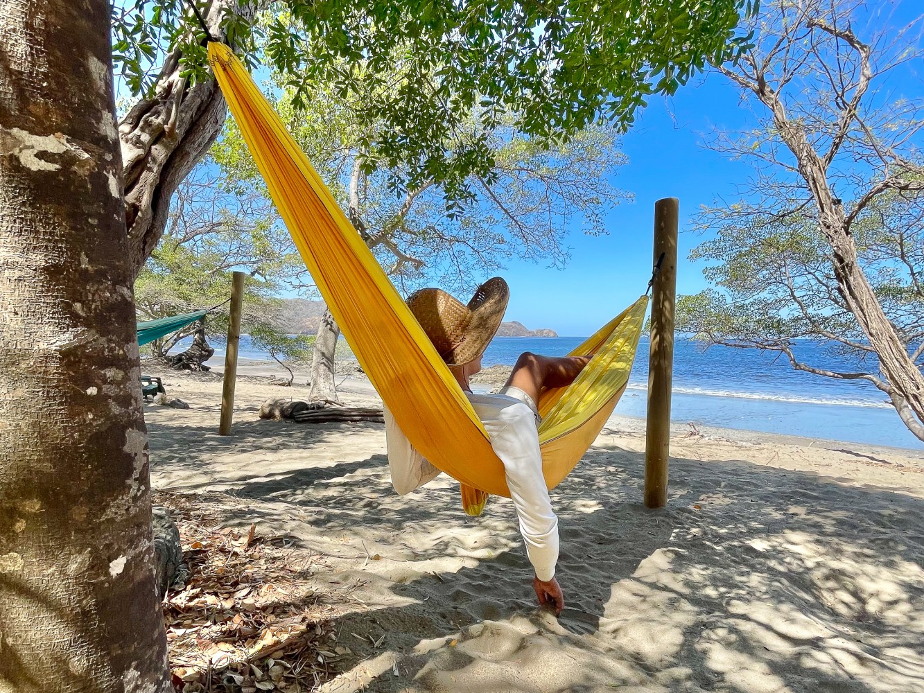 Person relaxing in a yellow hammock on a beach, wearing a hat, surrounded by trees and ocean view.