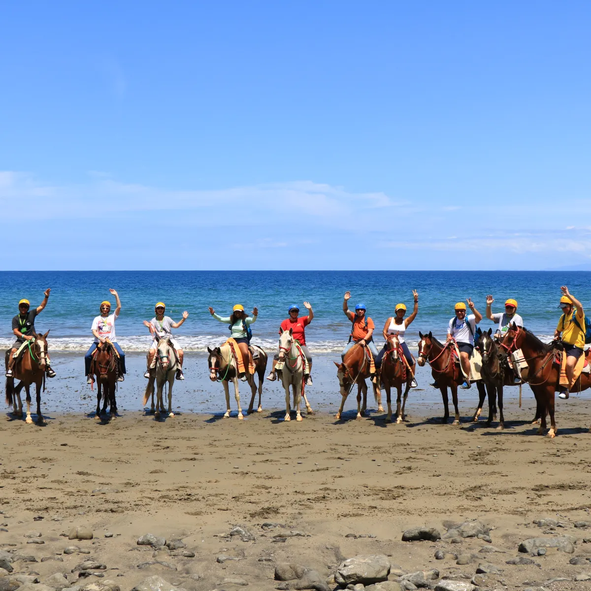 Group riding horses on a beach, ocean and blue sky in background.