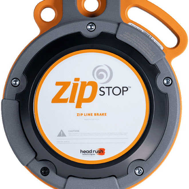 Circular zip line brake device with 'zipSTOP' branding and orange accents.