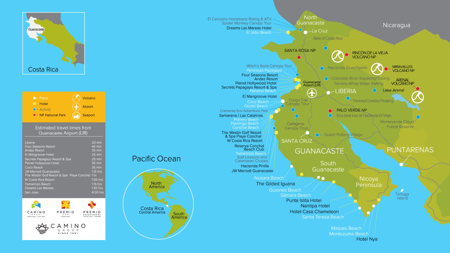 Map of Guanacaste, Costa Rica showing locations of airports, hotels, national parks, and activities.