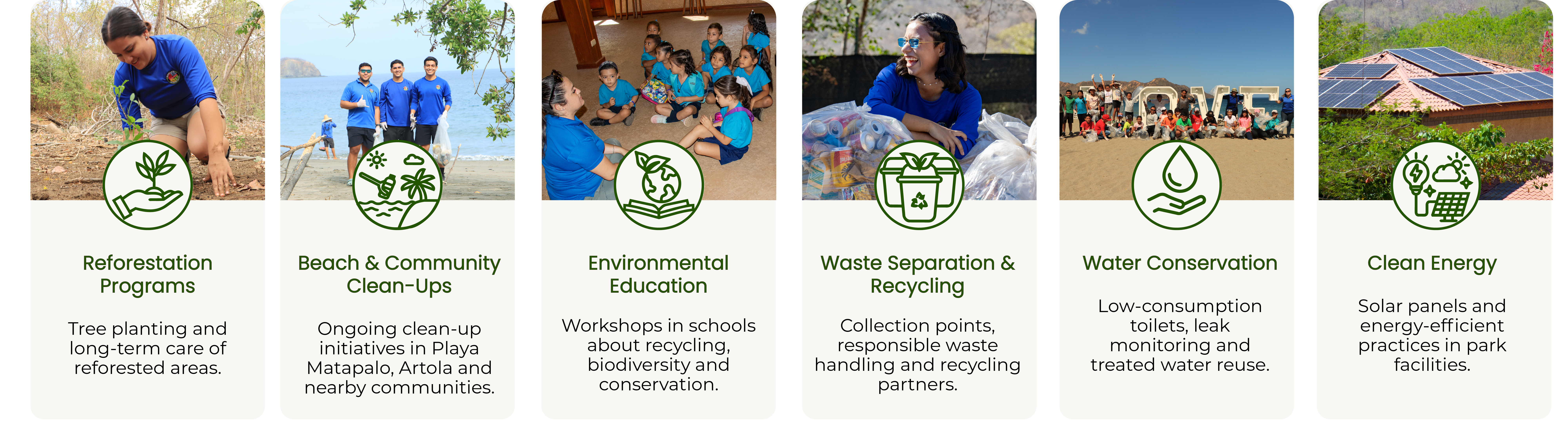 Infographic: Six environmental initiatives, including reforestation, clean-ups, education, recycling, water, and energy.
