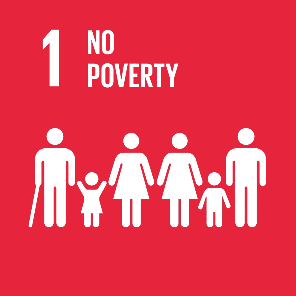 No Poverty symbol with family on red background.