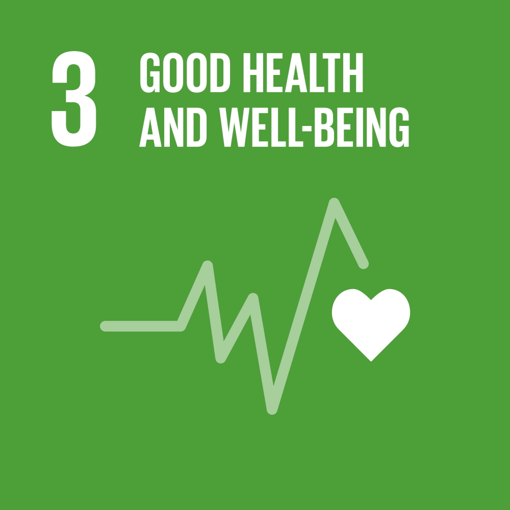 SDG 3 icon: Good health and well-being, with a heartbeat line and heart symbol on a green background.