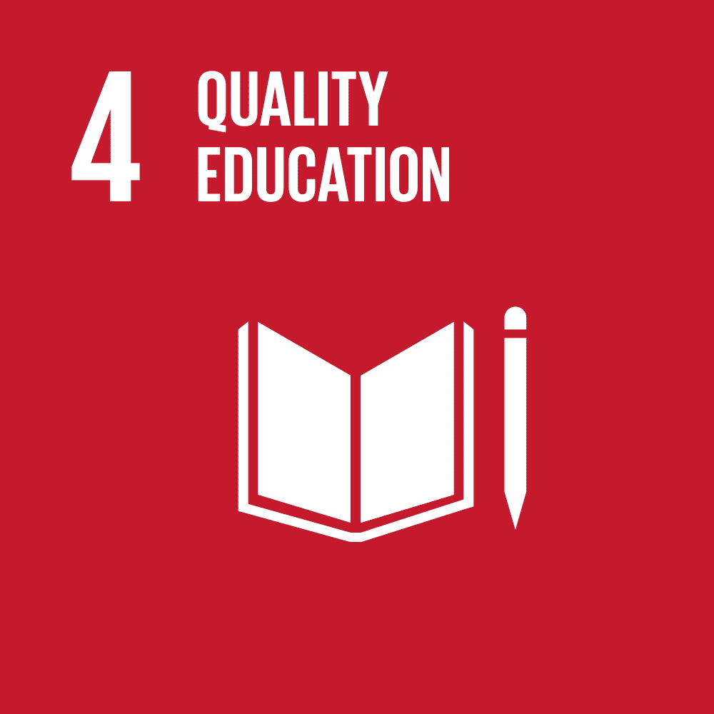 Red background with text '4 Quality Education' and icons of a book and pencil.