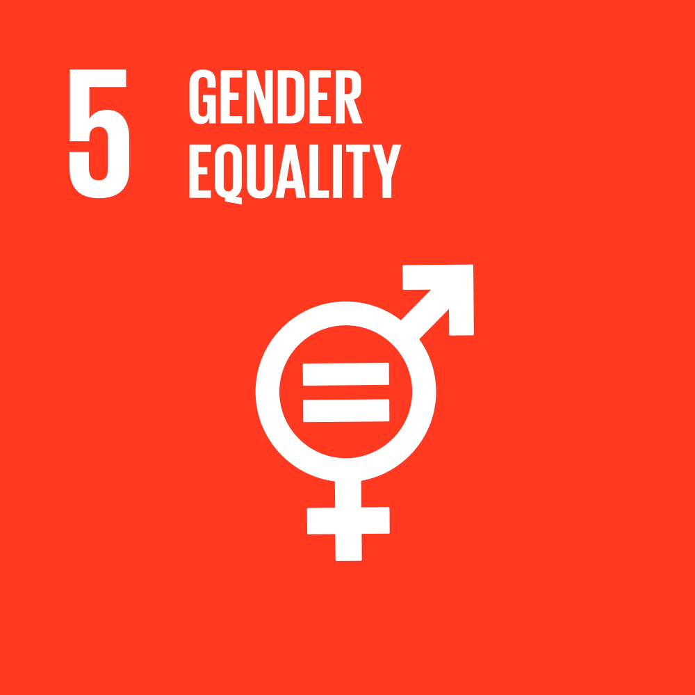 SDG 5: Gender equality symbol on a red background.