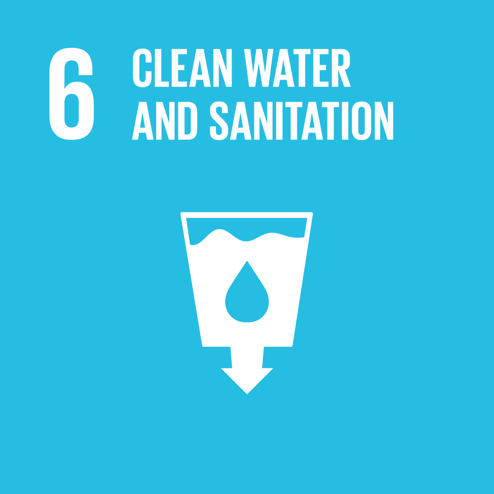 Blue icon with number 6, text 'Clean Water and Sanitation', and water symbol.
