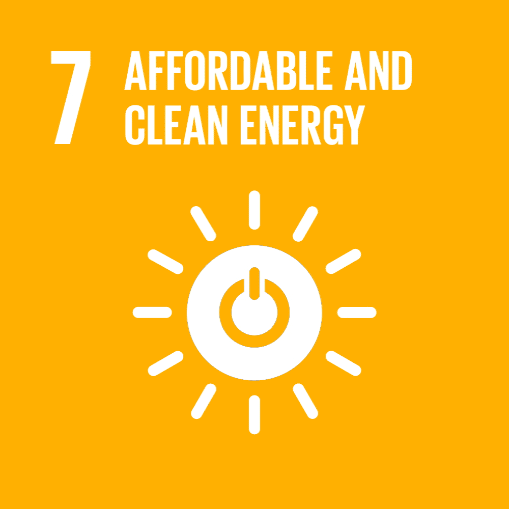 Icon for affordable and clean energy with sun and power symbol, yellow background.