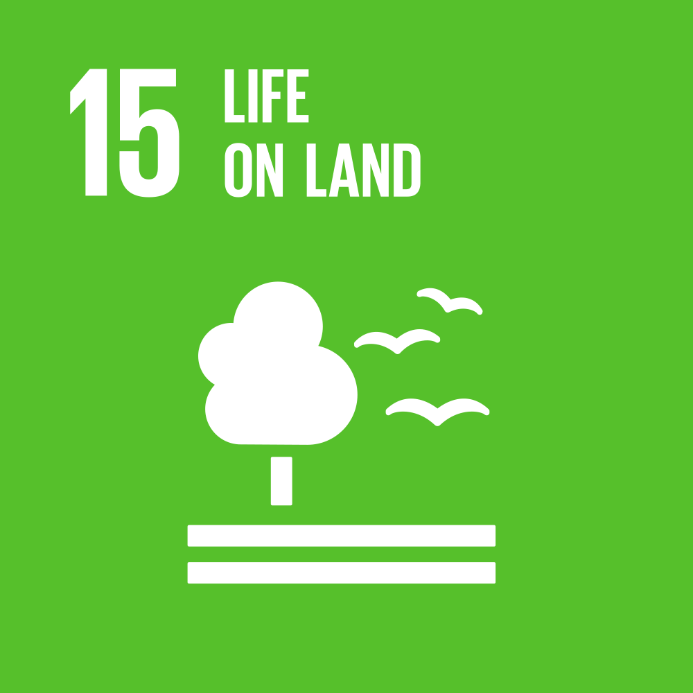 SDG 15: Life on Land icon with tree and birds on green background.
