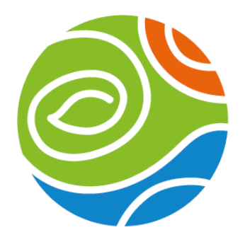 Stylized globe with green, blue, and orange swirls.