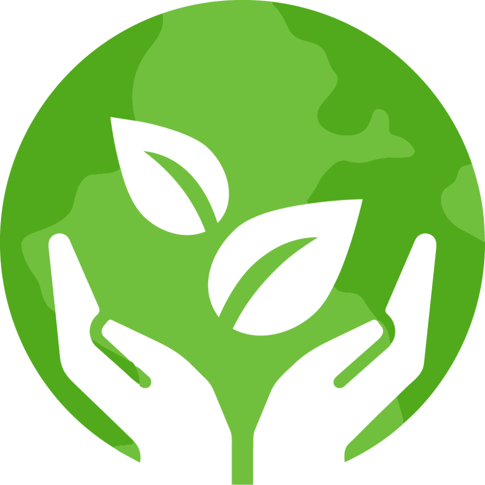 Green circle with two hands holding leaves, symbolizing environmental care.