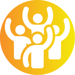 Four white human figures with raised arms on an orange circular background.