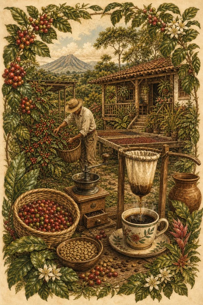 Vintage art of coffee farming with farmer, beans, and cup in rustic setting.